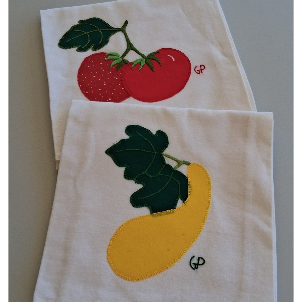 Vintage Linen Tea Towels Lot of 2 Hand Applique Tomato Squash Kitchen Dish Cloth